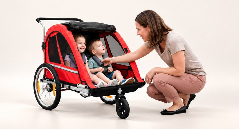 Remorque vélo pour vélos électriques chez Wheelyshop – remorque rouge avec deux enfants