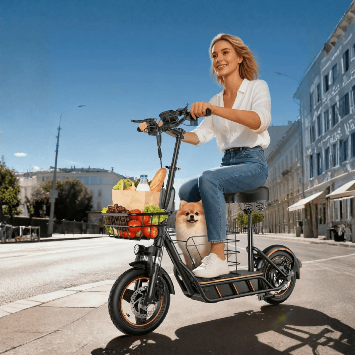 Femme roulant sur la trottinette électrique Wheely H14 en ville