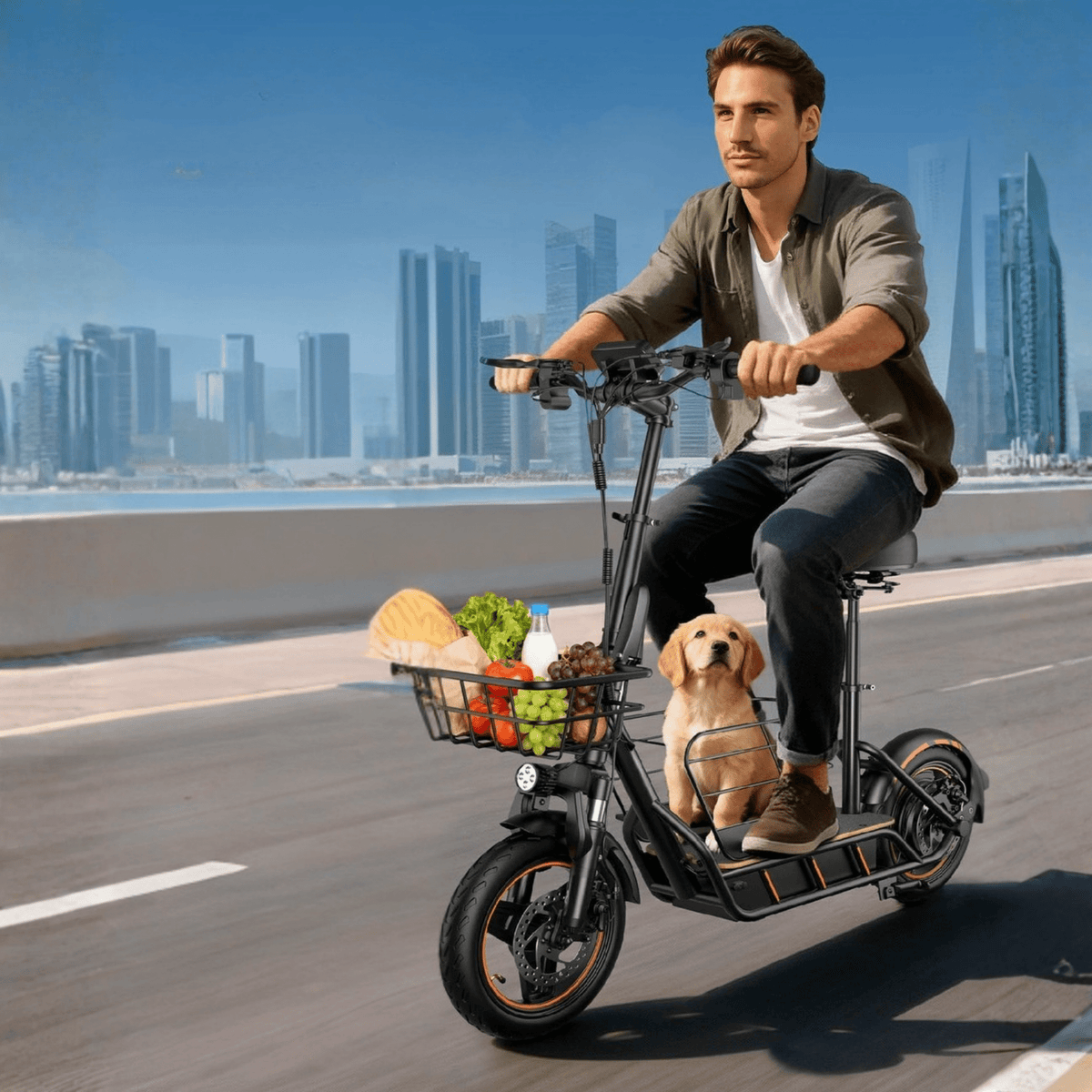 Homme roulant sur la trottinette électrique Wheely H14 avec un chien