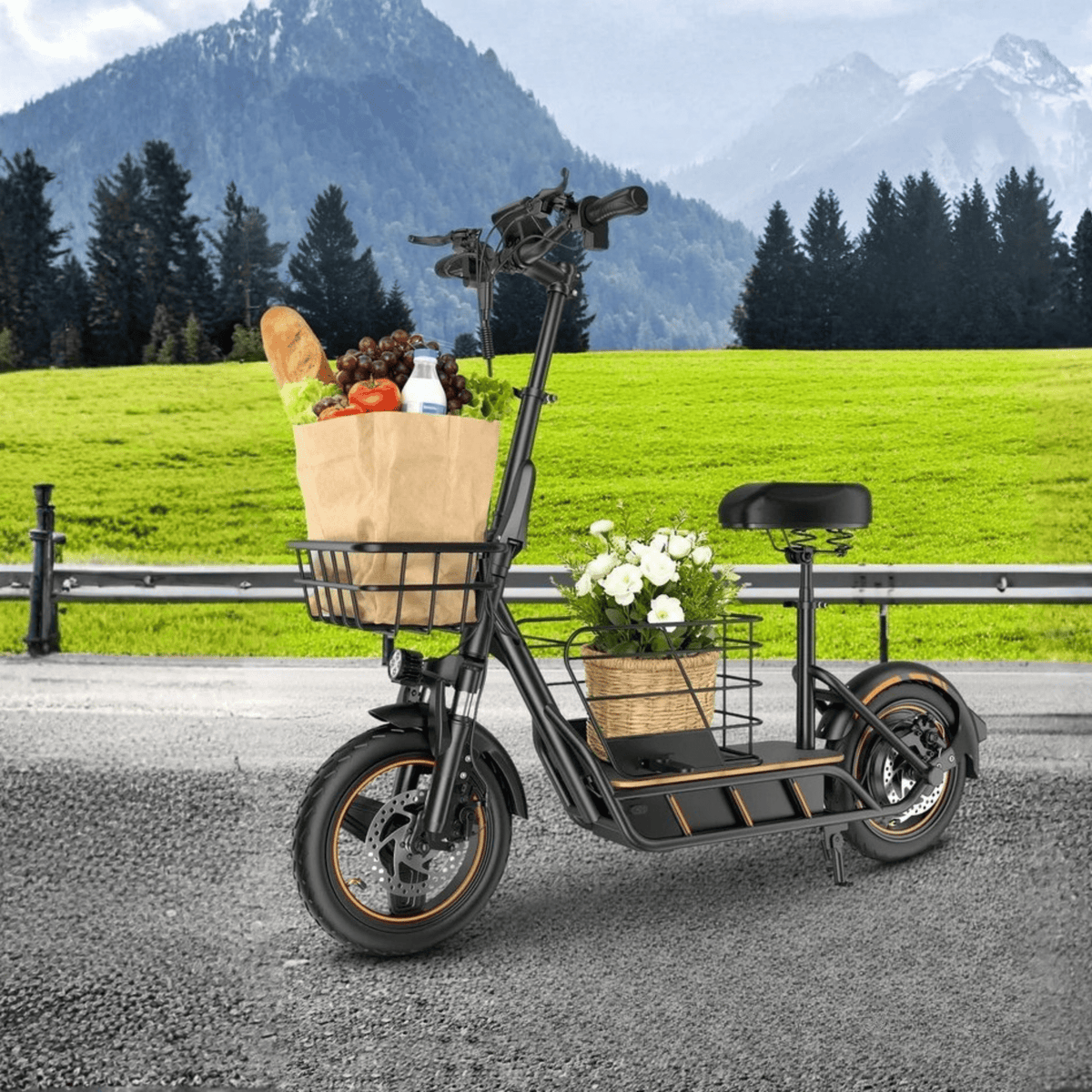 Trottinette électrique Wheely H14 vue de trois-quarts avant sur une pelouse