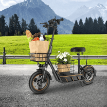 Trottinette électrique Wheely H14 vue de trois-quarts avant sur une pelouse