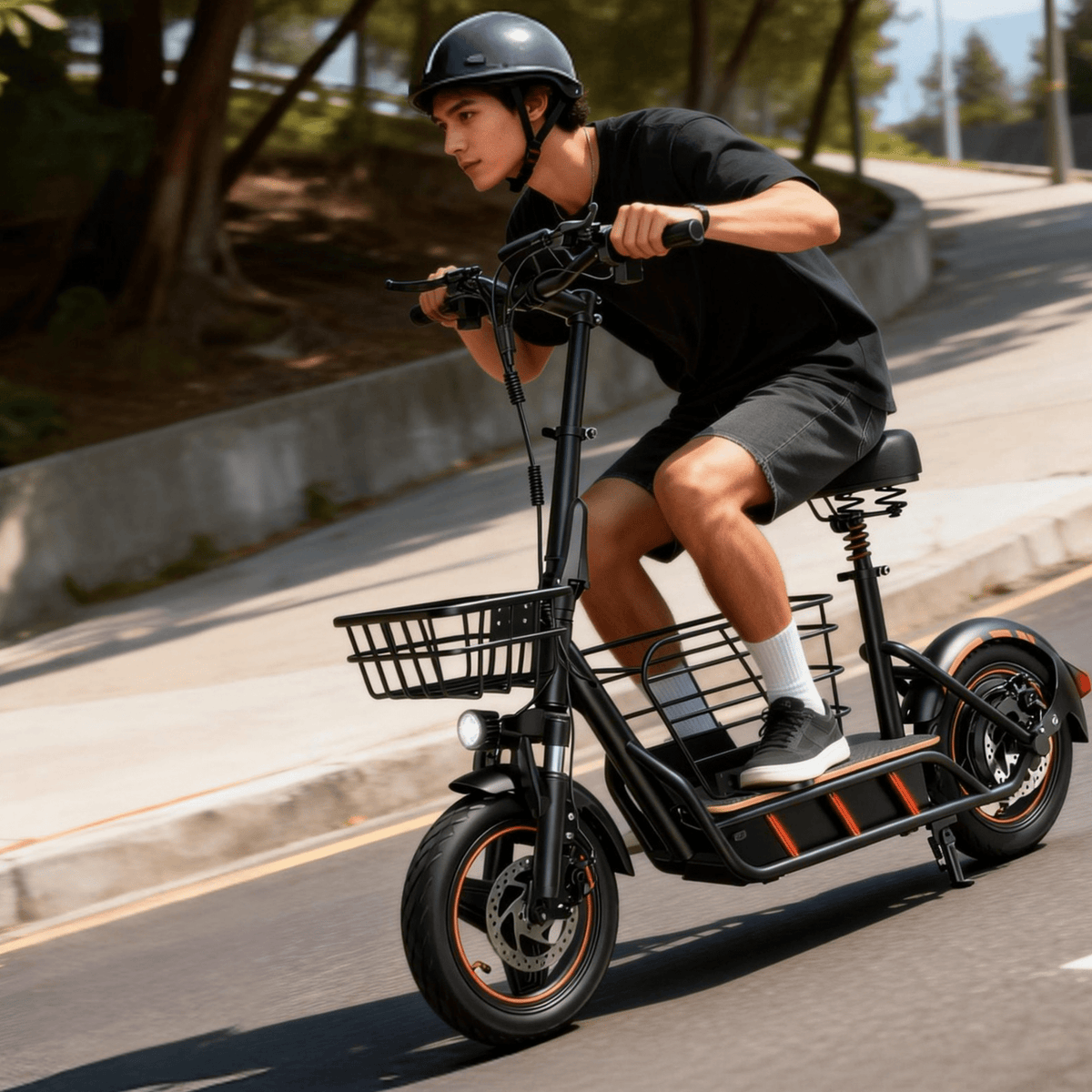 Homme roulant sur la trottinette électrique Wheely H14 sur la route