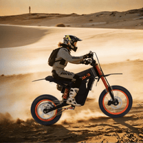 Personne roulant sur la moto-cross électrique Wheely Y01 sur un terrain sablonneux