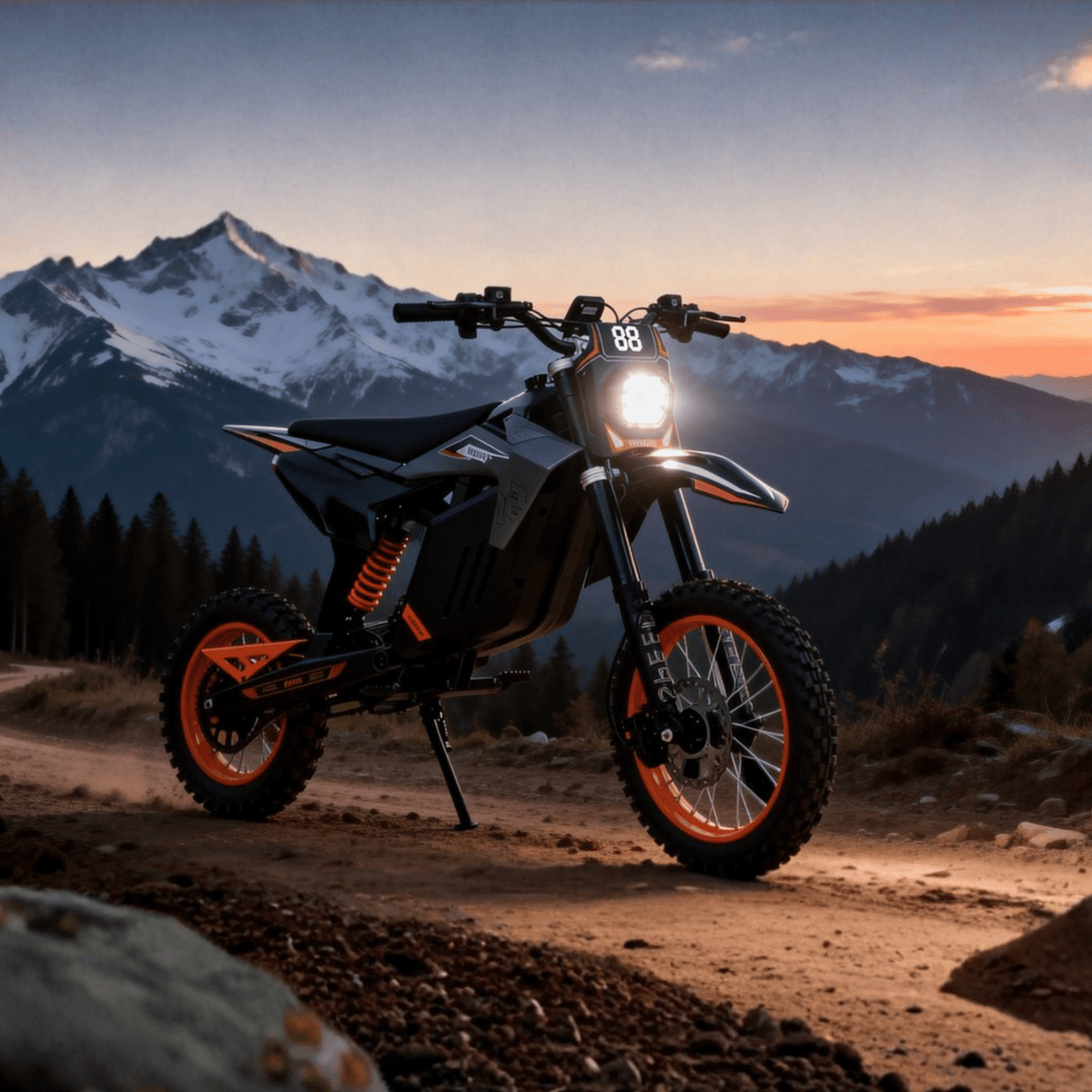 Moto-cross électrique Wheely Y88 vue de trois-quarts avant sur fond sombre