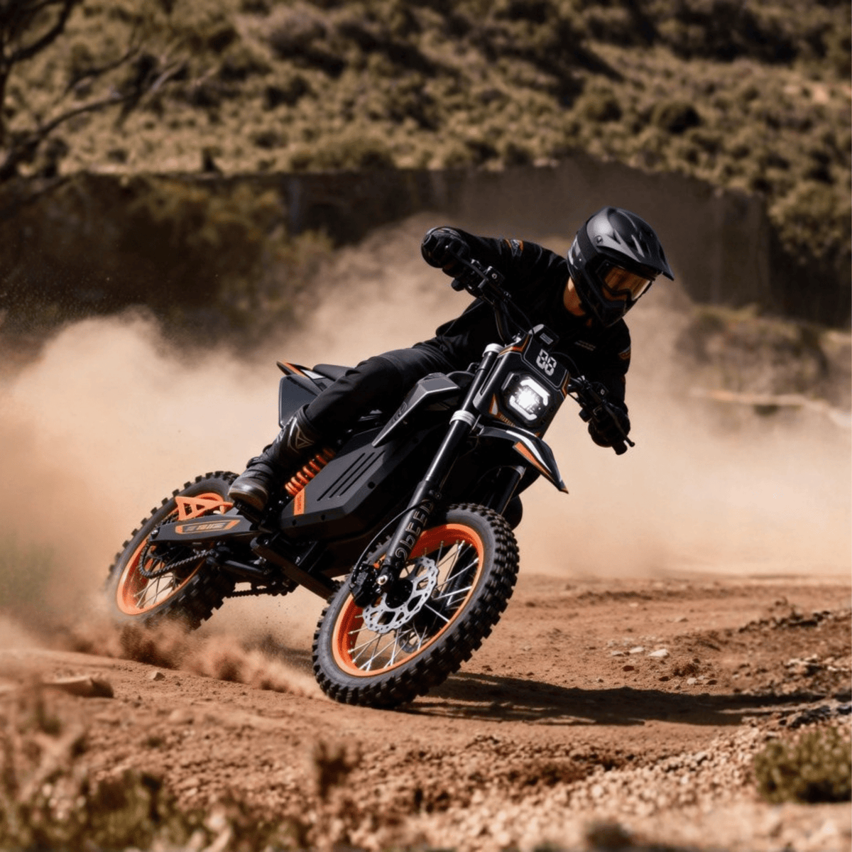 Personne roulant sur la moto-cross électrique Wheely Y88 sur un terrain sablonneux