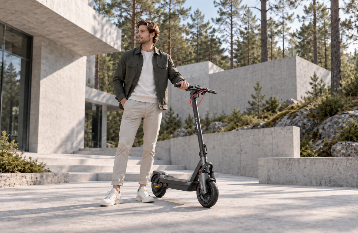 Wheelyshop – mobilité éco-responsable : un homme avec une trottinette électrique parmi les pins devant une maison moderne en béton