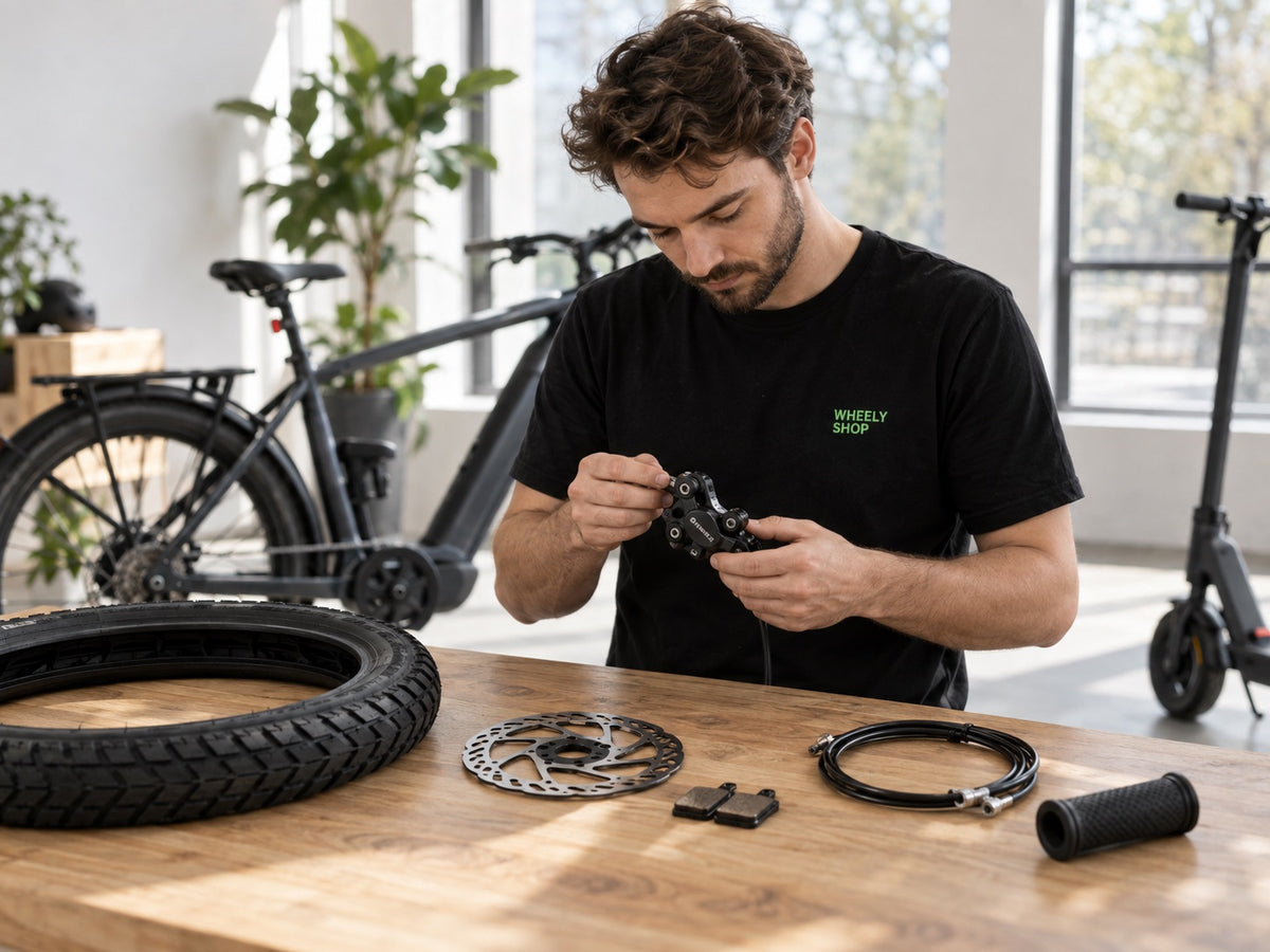 Technicien Wheelyshop montant un étrier de frein sur un établi avec pneu, disque, plaquettes et câbles – pièces détachées pour vélos et trottinettes électriques