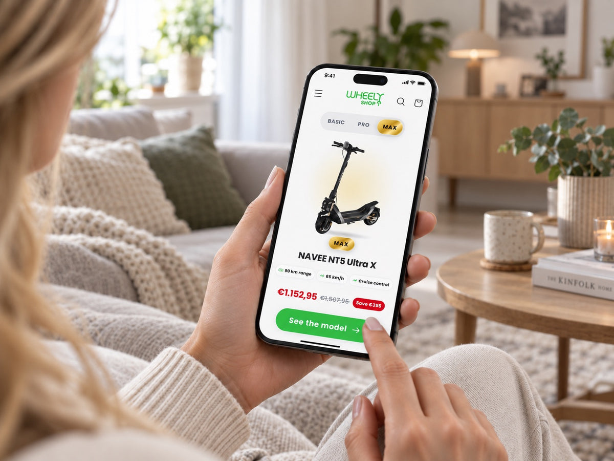 Cliente passant commande d’une trottinette électrique sur la boutique mobile Wheelyshop – chaque commande plante un arbre