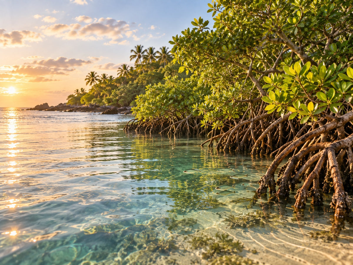 Mangrove adulte sur la côte du Kenya, racines dans l’eau claire et poissons à l’abri – la côte se régénère