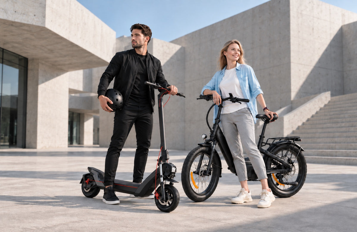 La vision de Wheelyshop – l’électrique est l’avenir : un homme avec une trottinette électrique et une femme avec un vélo électrique devant un bâtiment moderne