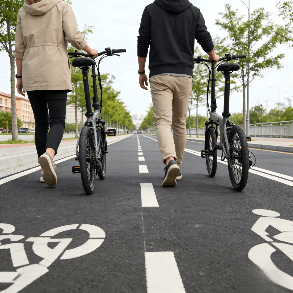 Deux personnes avec le vélo électrique pliant YANGOR H19 coloris gris sur une allée