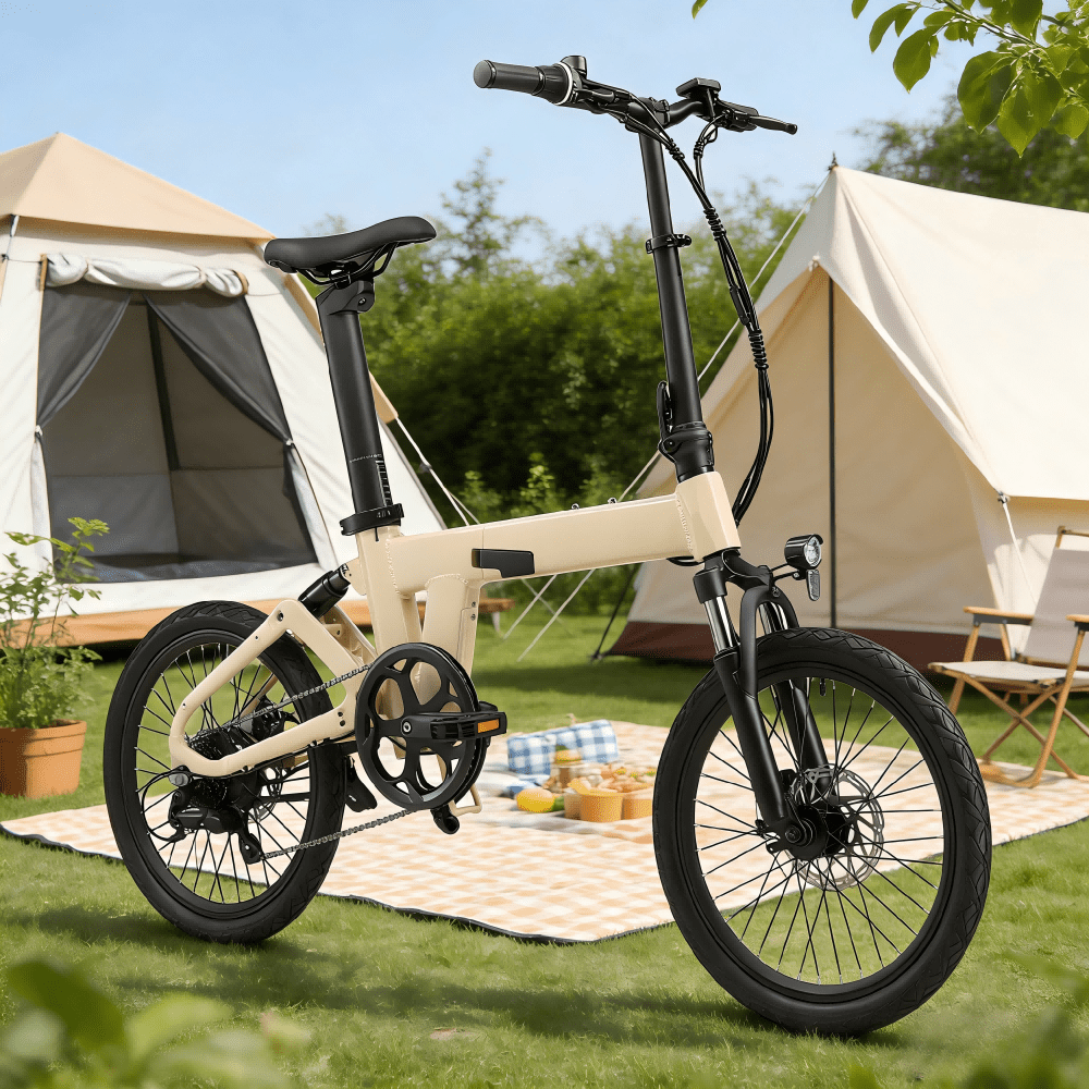 Vélo électrique pliant YANGOR H19 vu de profil coloris beige sur une pelouse