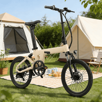 Vélo électrique pliant YANGOR H19 vu de profil coloris beige sur une pelouse