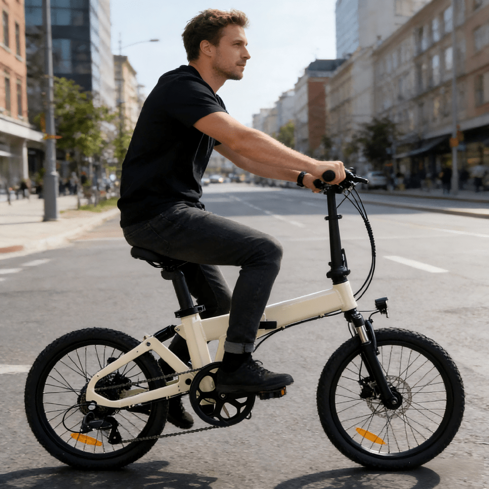 Homme roulant sur le vélo électrique pliant YANGOR H19 vu de profil coloris beige en ville