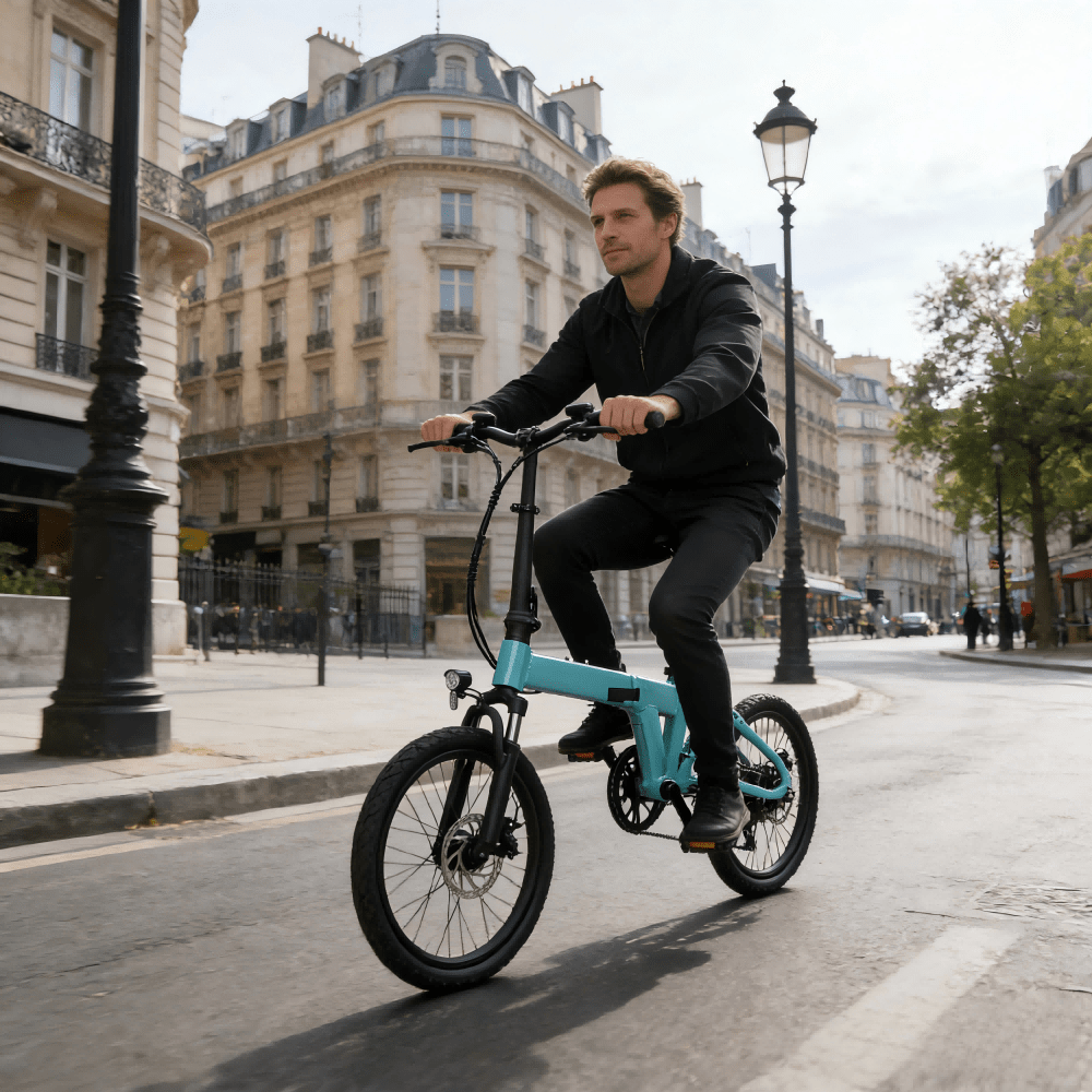 Homme roulant sur le vélo électrique pliant YANGOR H19 dans un virage en ville coloris bleu clair
