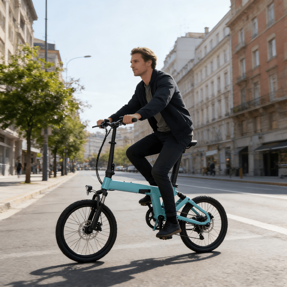 Homme roulant sur le vélo électrique pliant YANGOR H19 en ville coloris bleu clair