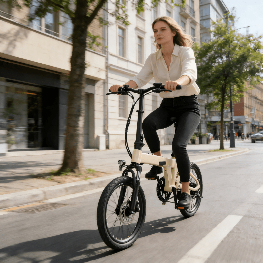 Femme roulant sur le vélo électrique pliant YANGOR H19 coloris beige en ville