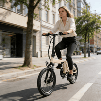 Femme roulant sur le vélo électrique pliant YANGOR H19 coloris beige en ville
