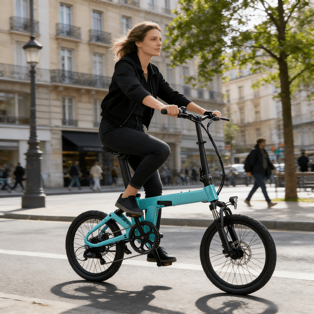 Femme roulant sur le vélo électrique pliant YANGOR H19 dans une rue coloris bleu clair