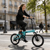 Femme roulant sur le vélo électrique pliant YANGOR H19 dans une rue coloris bleu clair