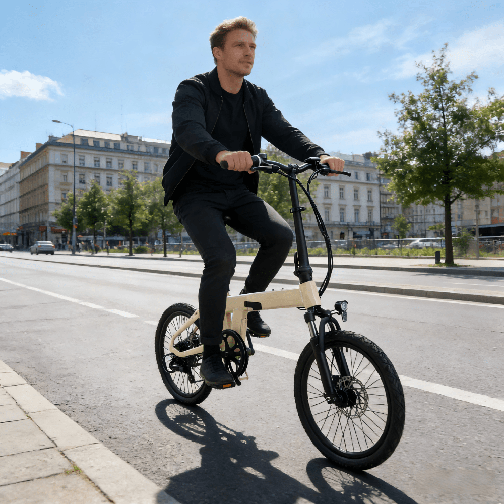 Homme roulant sur le vélo électrique pliant YANGOR H19 coloris beige en ville