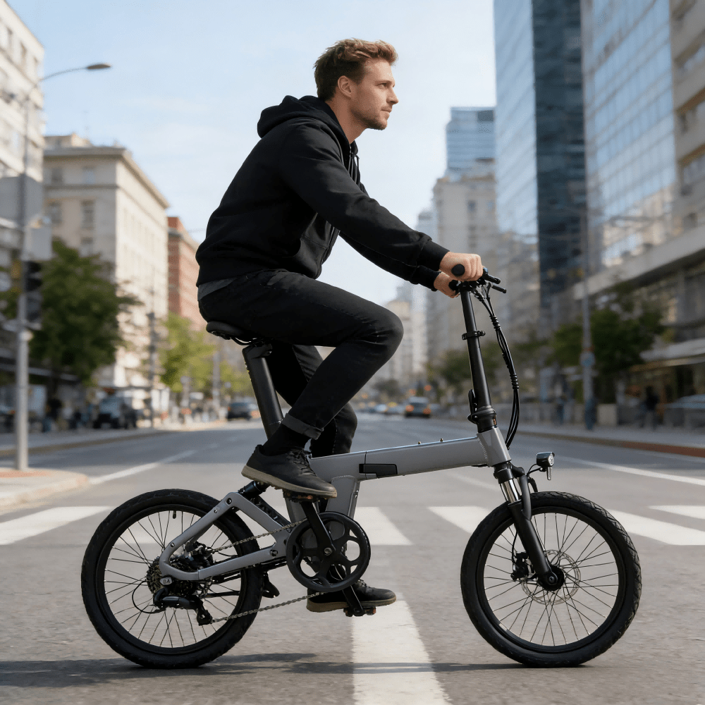Homme roulant sur le vélo électrique pliant YANGOR H19 de face coloris gris en ville