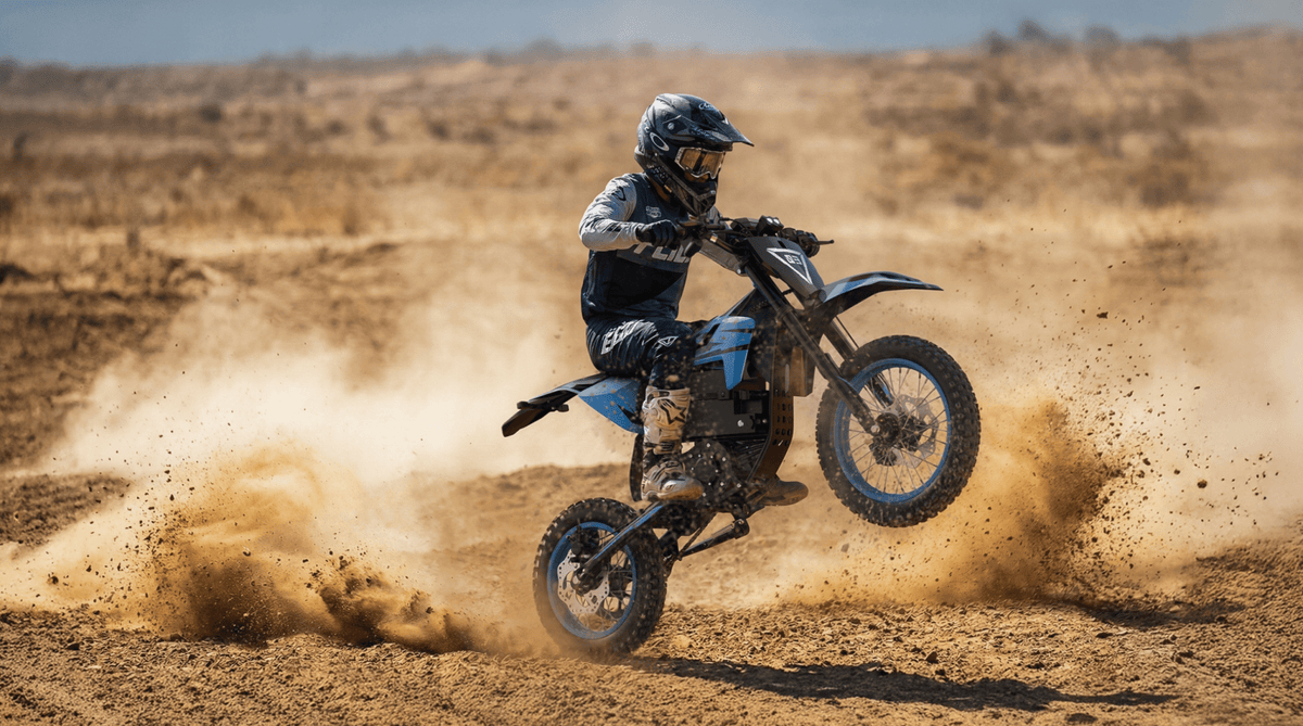 Pilote sur la moto-cross électrique ZAWES S3 en tout-terrain sur un terrain sablonneux