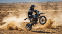 Pilote sur la moto-cross électrique ZAWES S3 en tout-terrain sur un terrain sablonneux